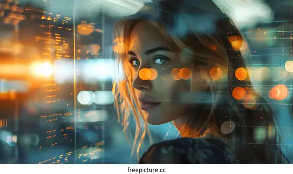 Portrait of a young blonde woman with blue eyes looking out a window at night