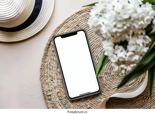 Summer Phone Mockup With Hat and Flowers