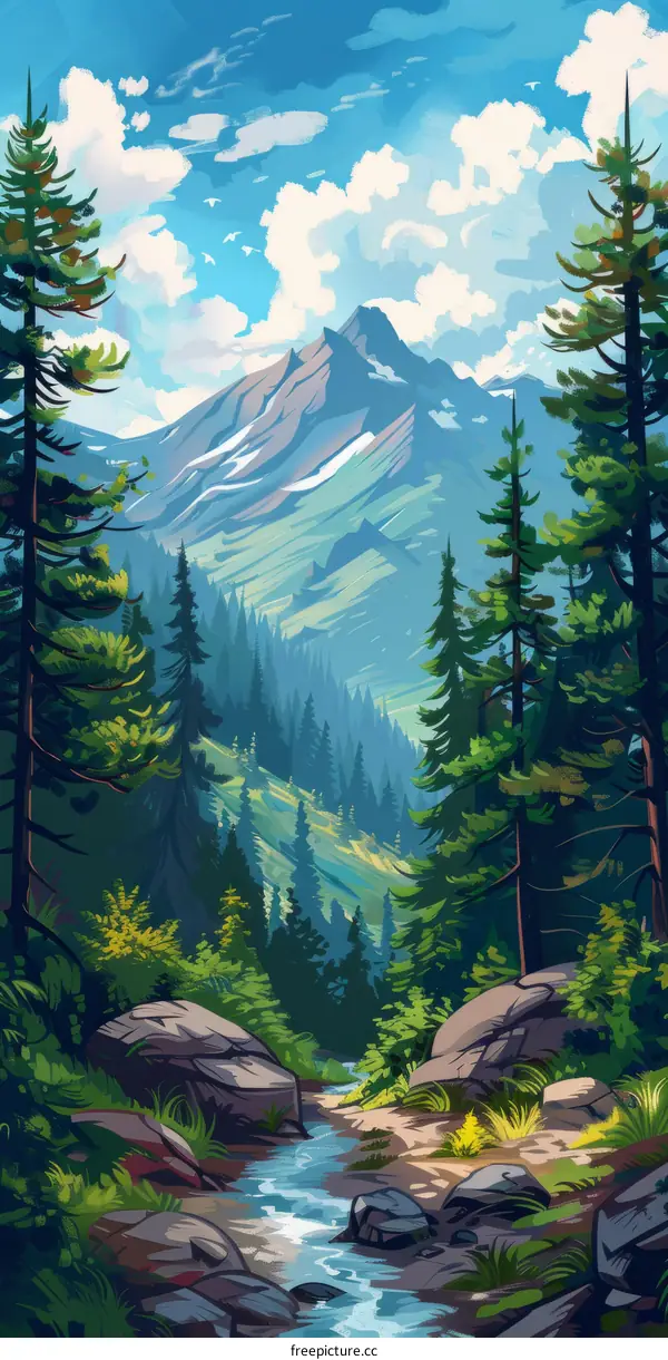 Mountain stream in a valley surrounded by green pine trees