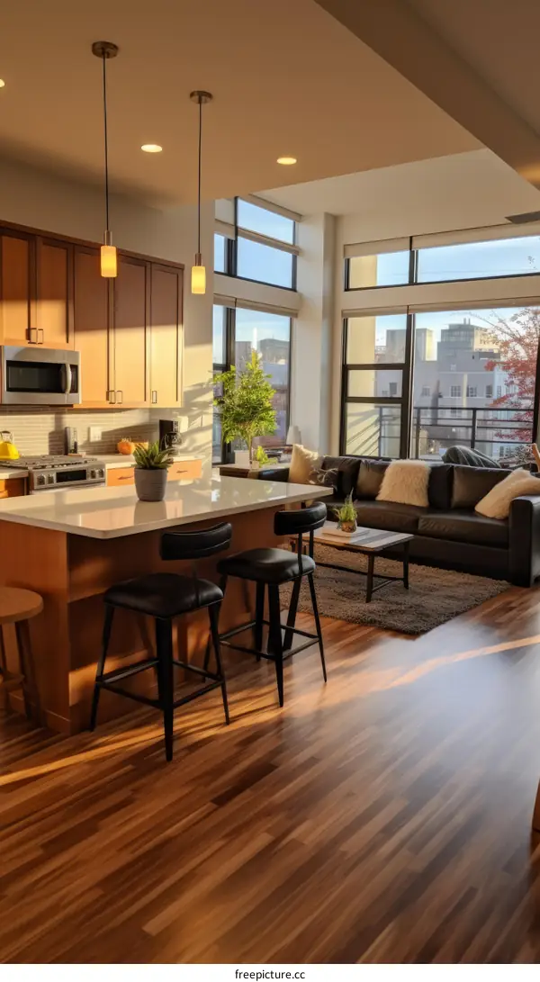 Open-concept living space with large windows and a modern kitchen