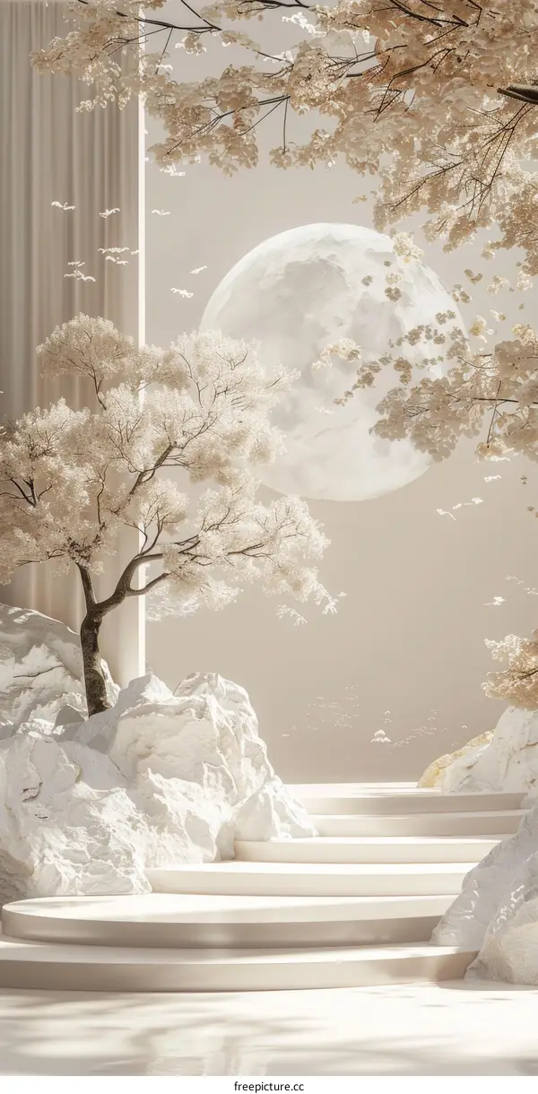 Minimalistic Podium with Rocks and Moon