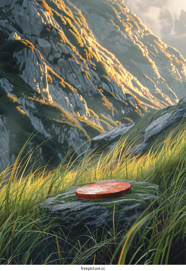 Rocky Knoll with Red Can Overlooking Mountains