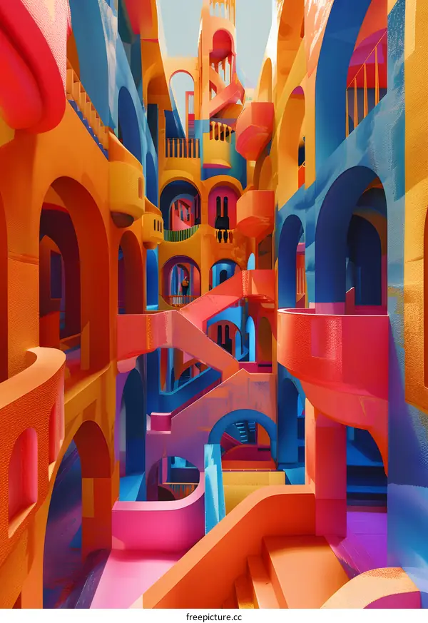 Abstract Colorful Building with Arched Windows and Staircase