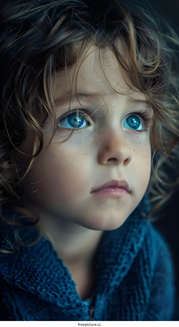 Portrait of a young girl with curly hair and blue eyes