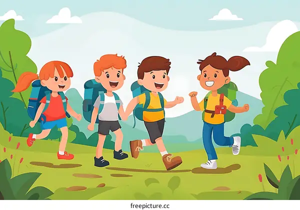 Happy Kids Hiking in Nature with Backpacks