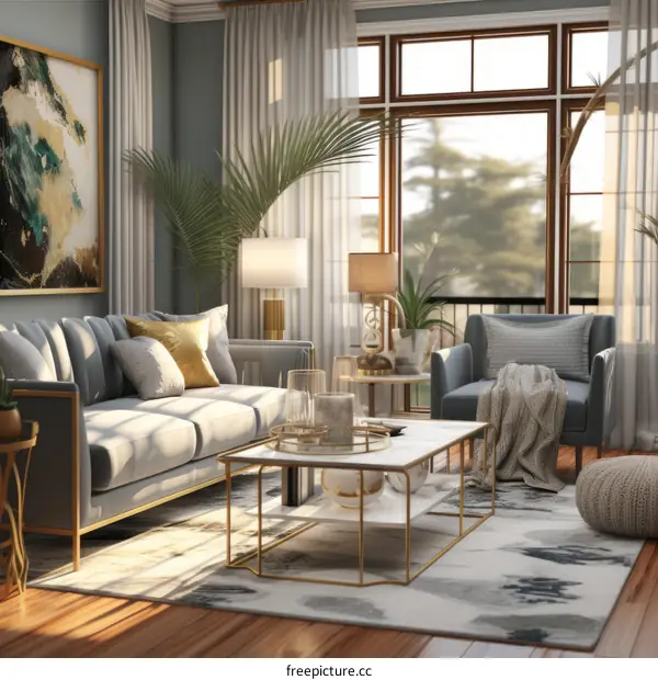 A modern living room with a large window, a sofa, and a coffee table