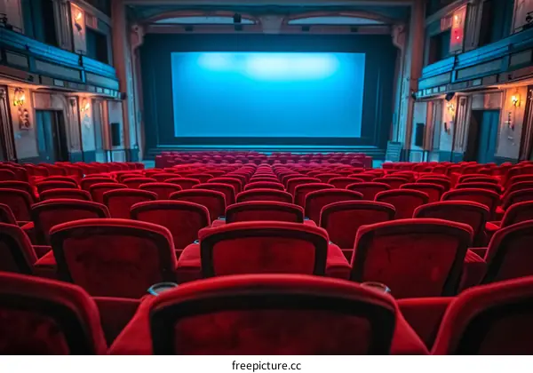 Empty Red Velvet Theater Seats Facing Large Blue Movie Screen