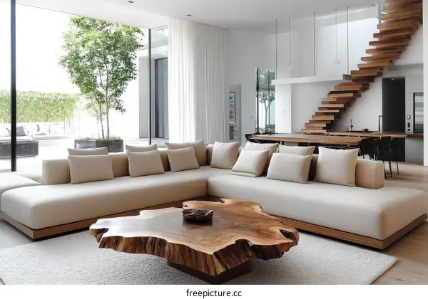 Modern Minimalist Living Room Design with Wooden Coffee Table