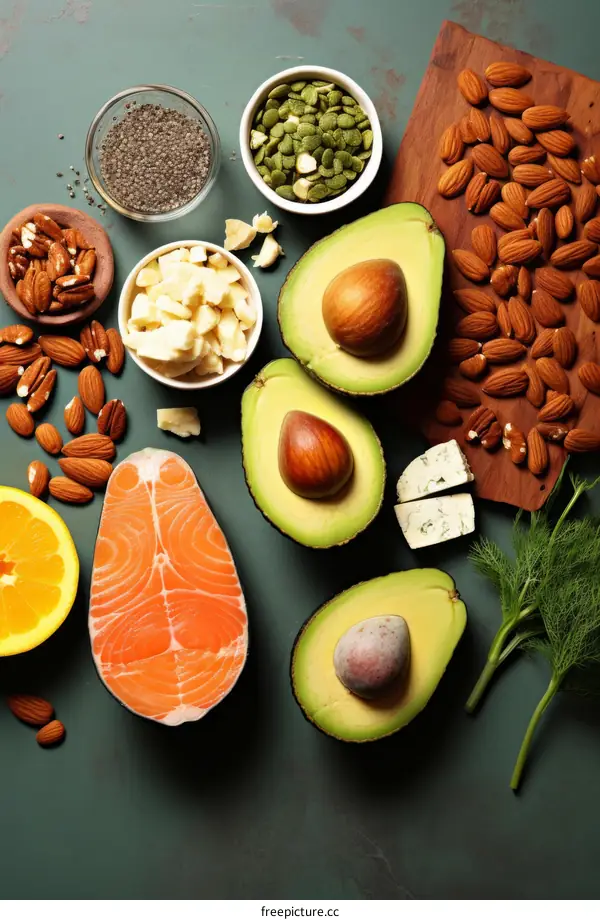 Assortment of Healthy Foods Including Fish, Avocado, Nuts, Seeds, Cheese, and Fruit