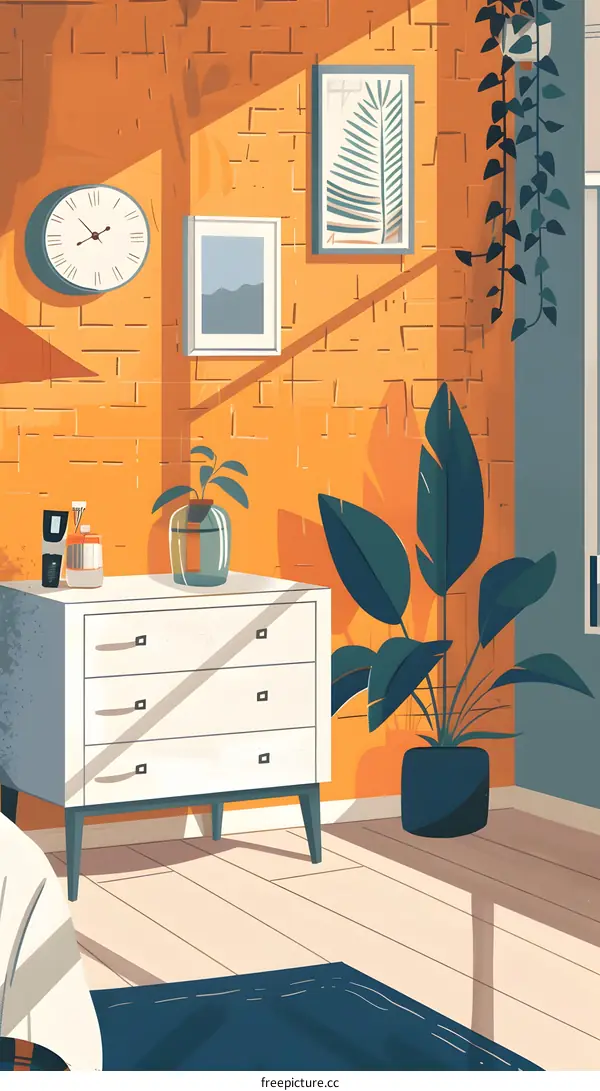 Modern Home Interior Design with Plants and Clock