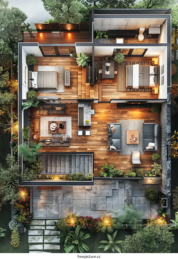 Modern House Floor Plan with Lush Landscaping