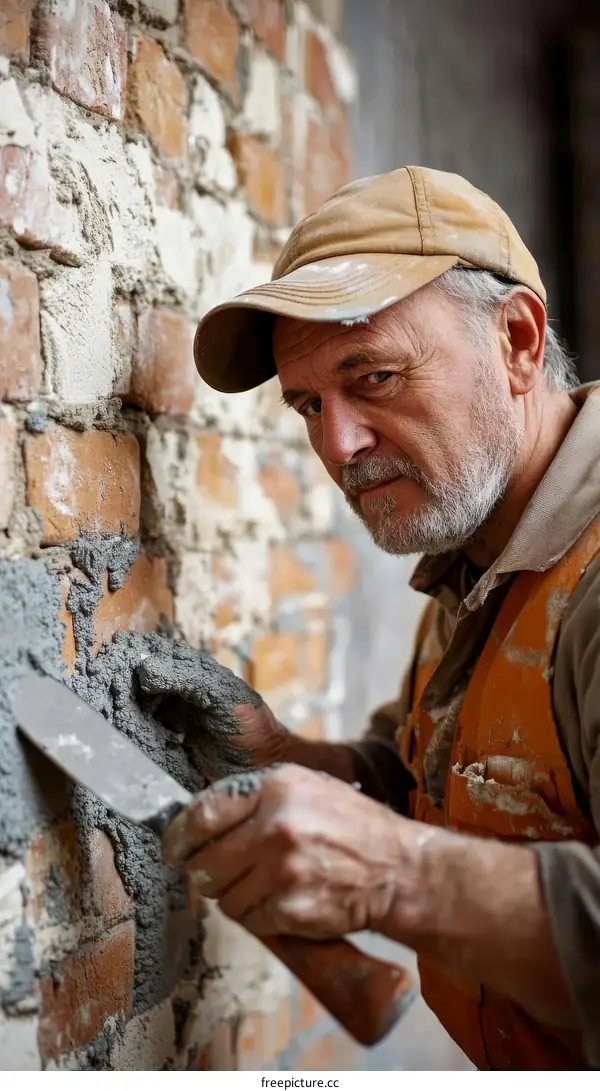 Construction Worker Repairing Brick Wall