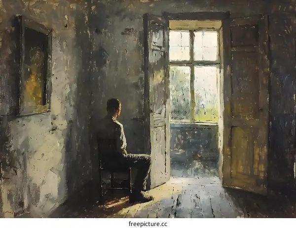 A Man Sitting in a Dark Room and Looking Out the Window