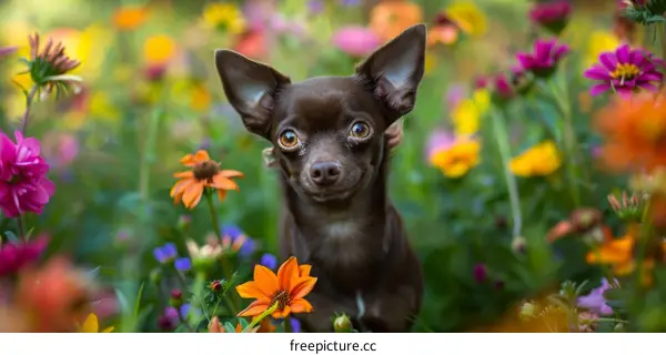 Small Chihuahua dog standing in a field of flowers