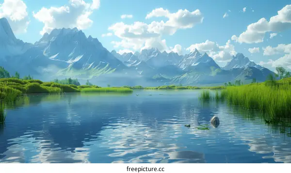 Serene Mountain Lake with Green Fields