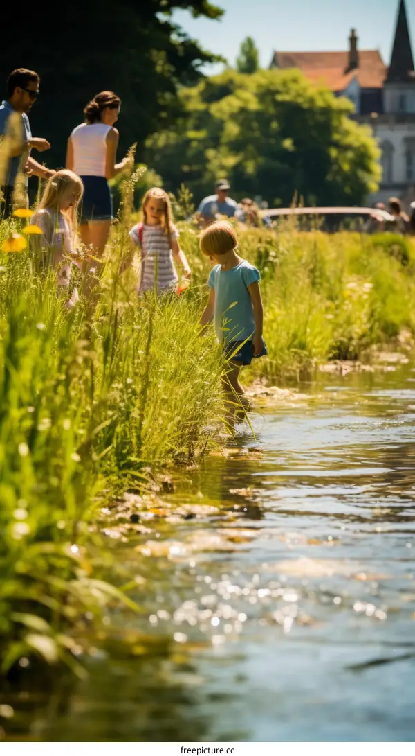 Family walking along a riverbank in summer