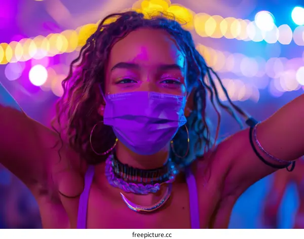 Young woman wearing a medical mask at a rave