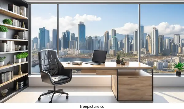 Modern office interior with floor to ceiling windows overlooking a city skyline