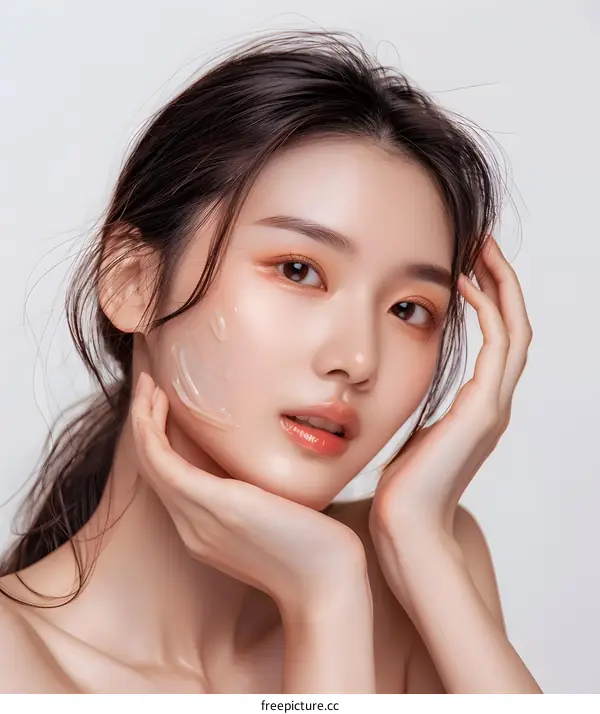 Beautiful Asian Woman with Clear Skin Applying Facial Cream