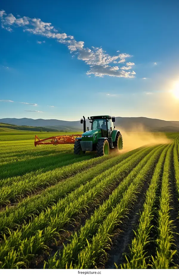 Green tractor working in a lush green field