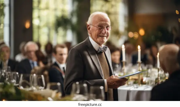 Happy grandfather giving a speech at a wedding reception