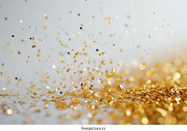 Falling gold glitter on white background