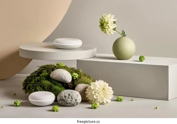 White Round Aromatherapy Diffuser On White Platform With Green Moss Rocks And Flowers