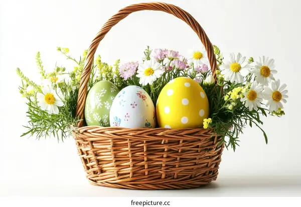 Easter Basket with Decorated Eggs and Flowers