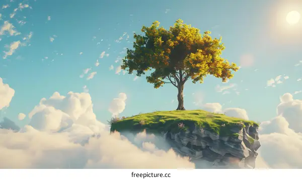 Tree Growing on a Cliff in the Clouds