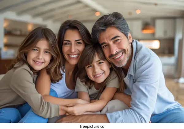 Happy family of four sitting on couch