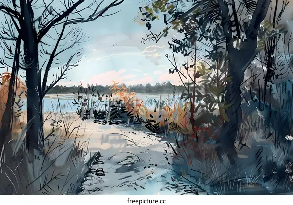 Watercolor Painting of a Path Through a Forest Leading to a Lake