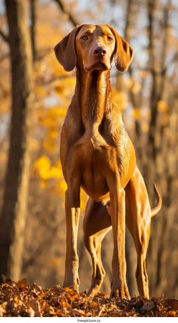 Vizsla dog standing in the middle of a forest with fallen leaves
