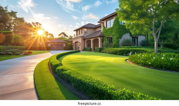 Large luxury house with beautiful landscaping and a long driveway