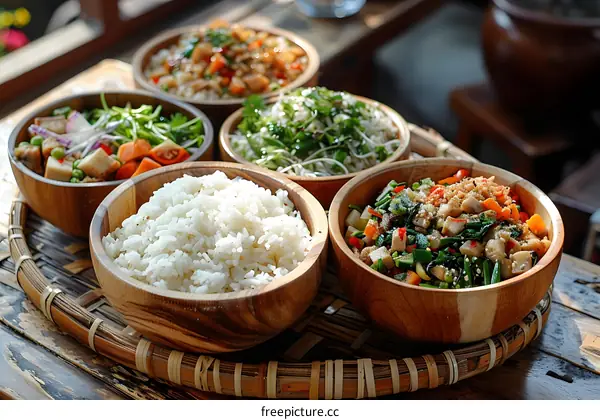 Five Wooden Bowls with Rice and Vegetables