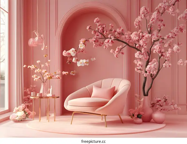 Pink Living Room Interior Design With Cherry Blossom Tree