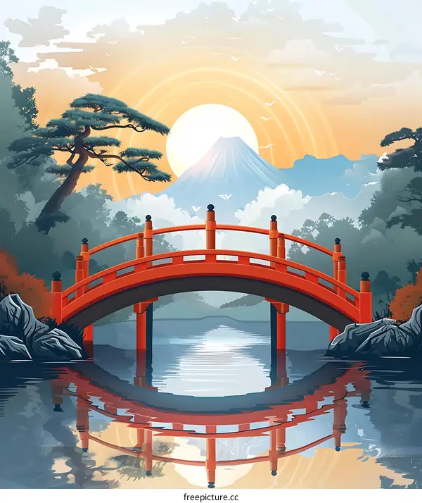 Japanese Mountain Landscape with Red Bridge
