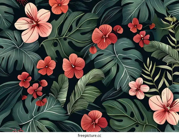 Tropical Leaves and Flowers Seamless Pattern
