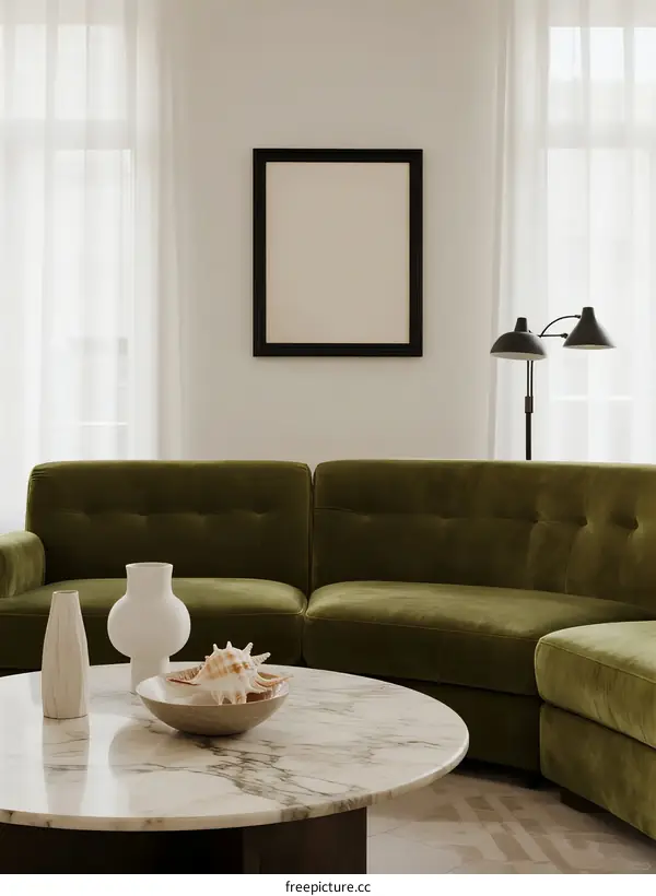 Modern Living Room with Green Sofa and Marble Coffee Table