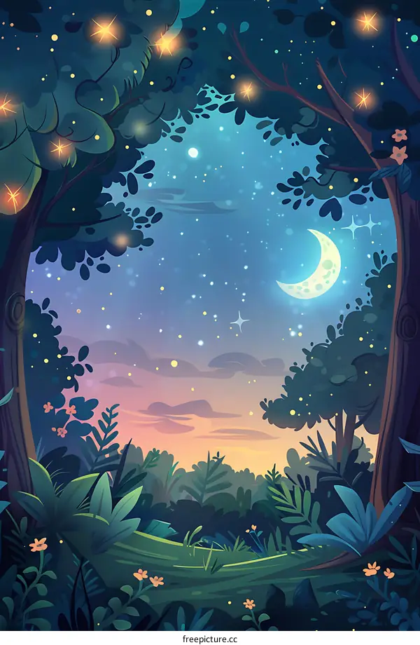 Night Forest Illustration with Moon and Stars