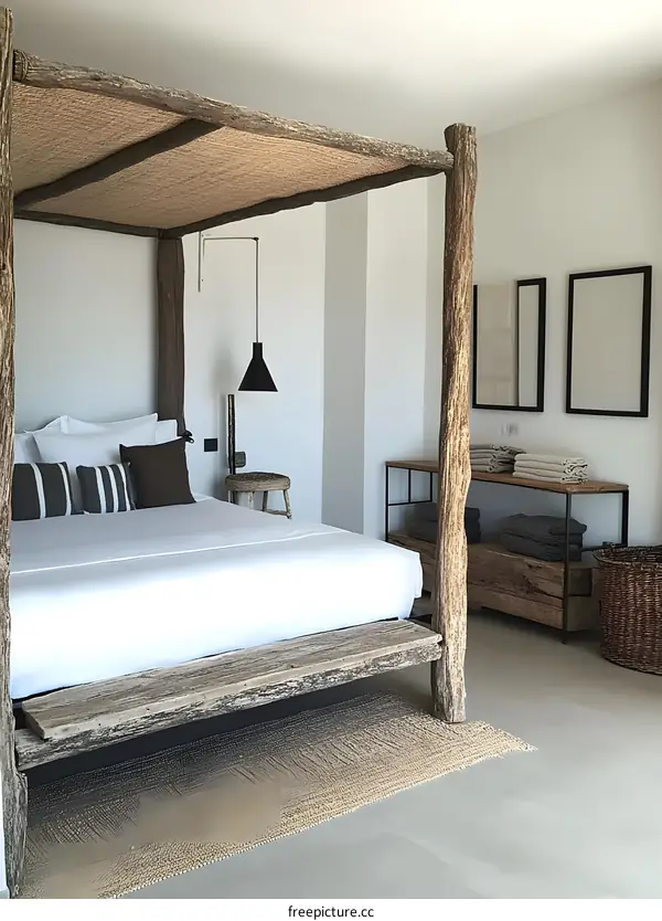 Modern Minimalist Bedroom with Wooden Canopy Bed and Natural Elements