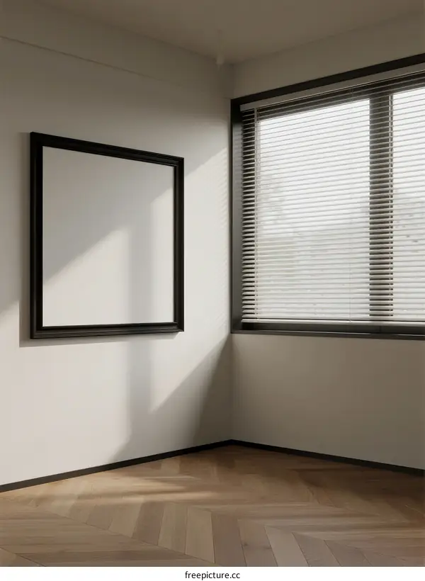 An Empty Frame Hanging on a White Wall Near a Window with Blinds