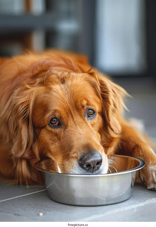 A golden retriever dog lying on the floor with a metal bowl