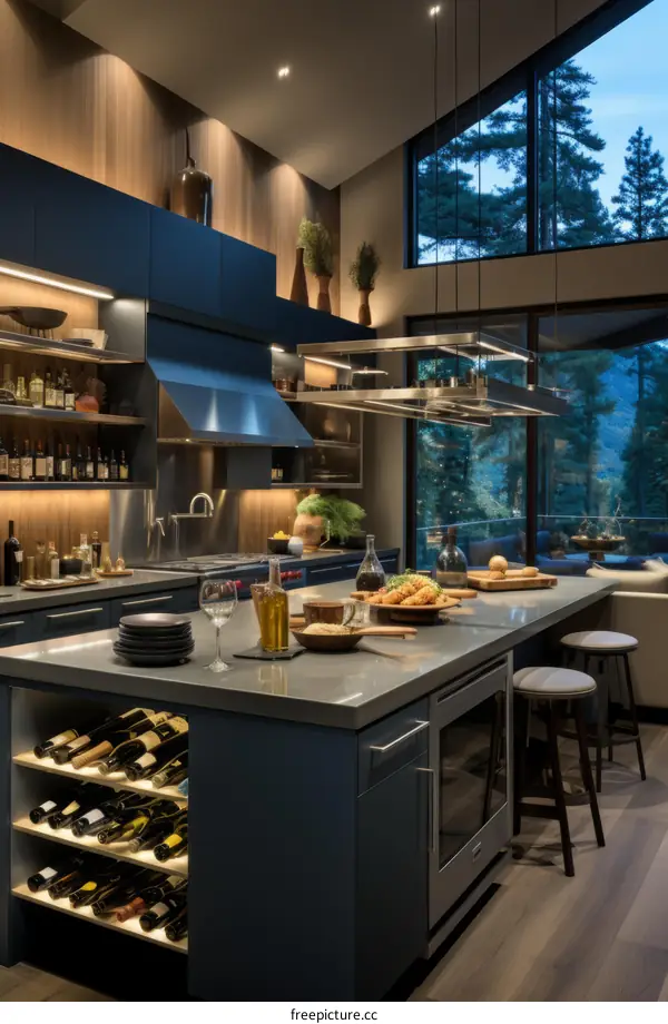 Modern kitchen interior with large windows and a view of the forest