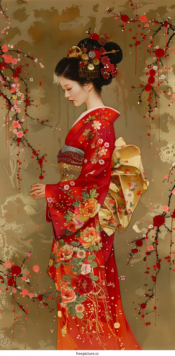 A Japanese woman wearing a red kimono with floral patterns and a golden obi standing in front of a golden background with cherry blossoms.