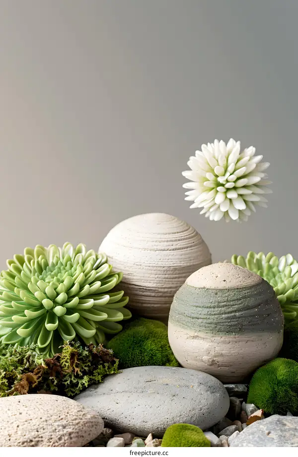 Green Plant and Stones on Gray Background