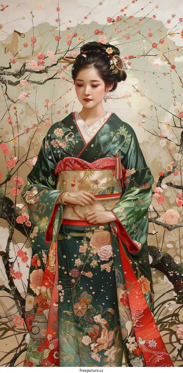 An Asian woman wearing a kimono stands in a field of cherry blossoms.