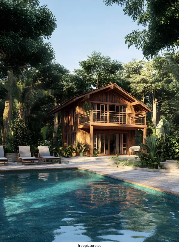 Wooden Cabin with Pool in a Lush Tropical Forest