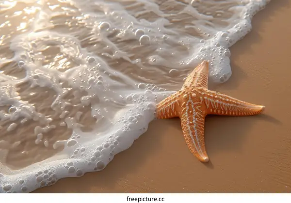 An orange starfish on the beach with a wave coming in