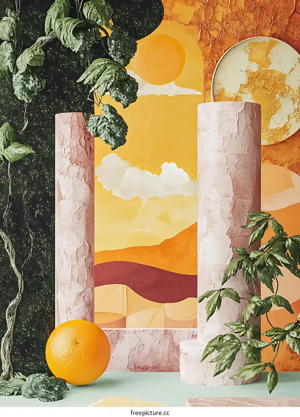 Abstract Minimalist 3D Background with Orange and Green Plants