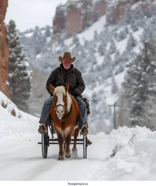 Cowboy on Horse Drawn Cart in Snow